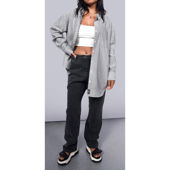 Wildfang The Essential Long Sleeve Oversized Wrap Button Up Shirt Striped Large - Picture 1 of 16